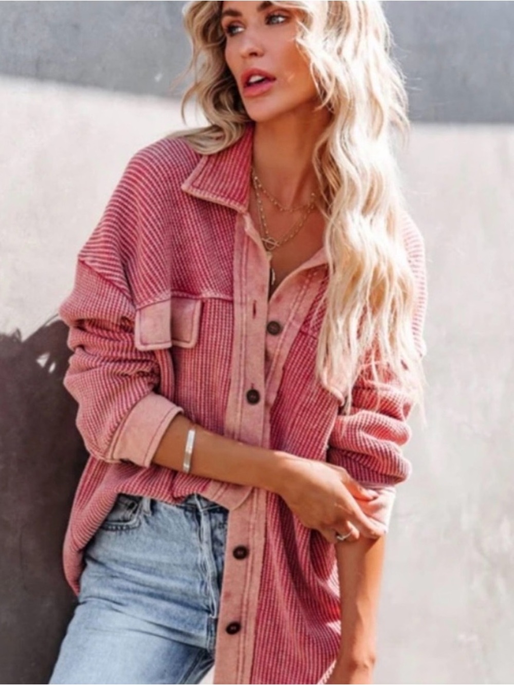 Vici Oversized Waffle Knit Button Down Shacket Shirt Dusty Rose‎ Coral M